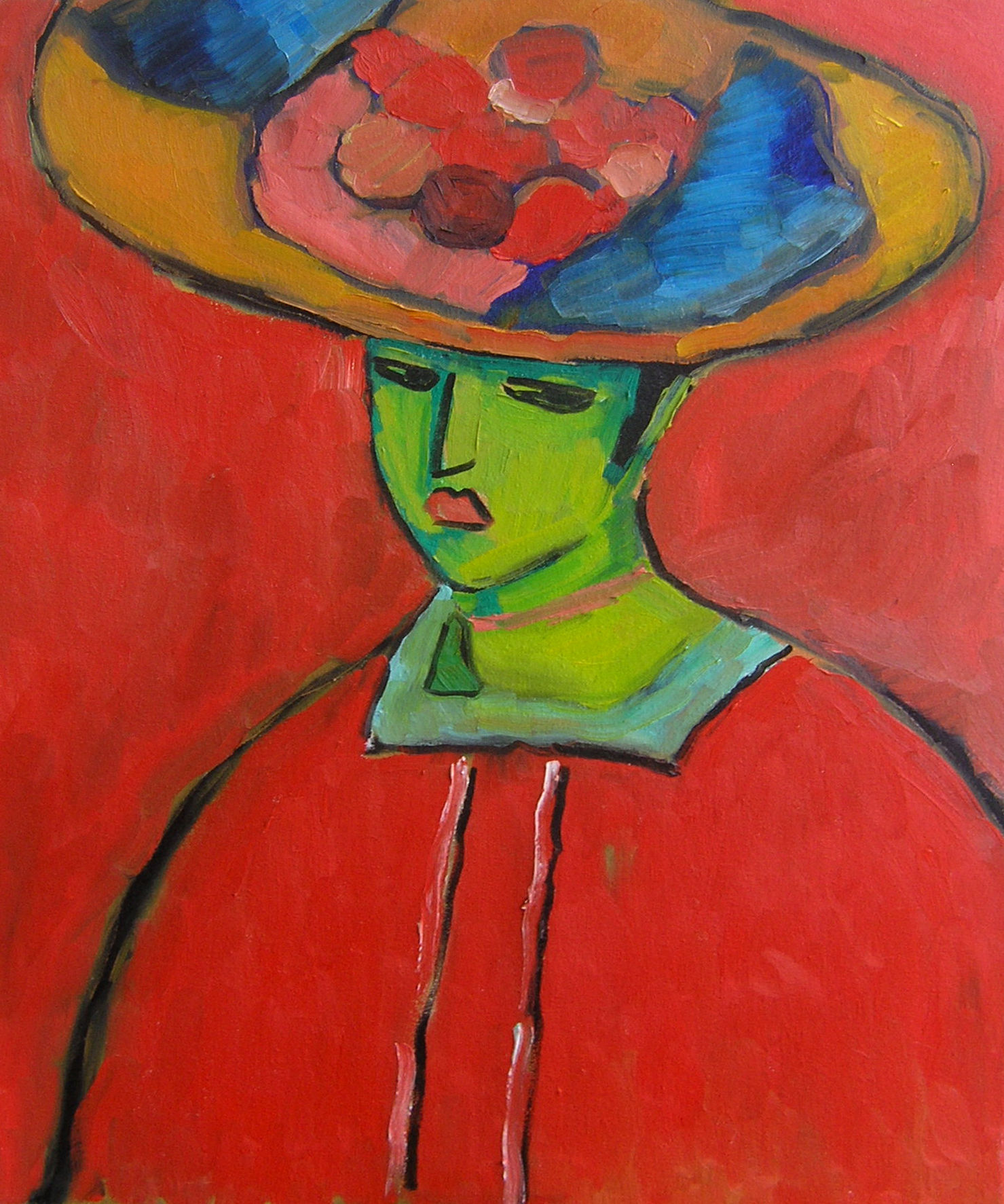 Oil on canvas interpretation of Alexej von Jawlensky's Schokko with Wide Brimmed Hat.